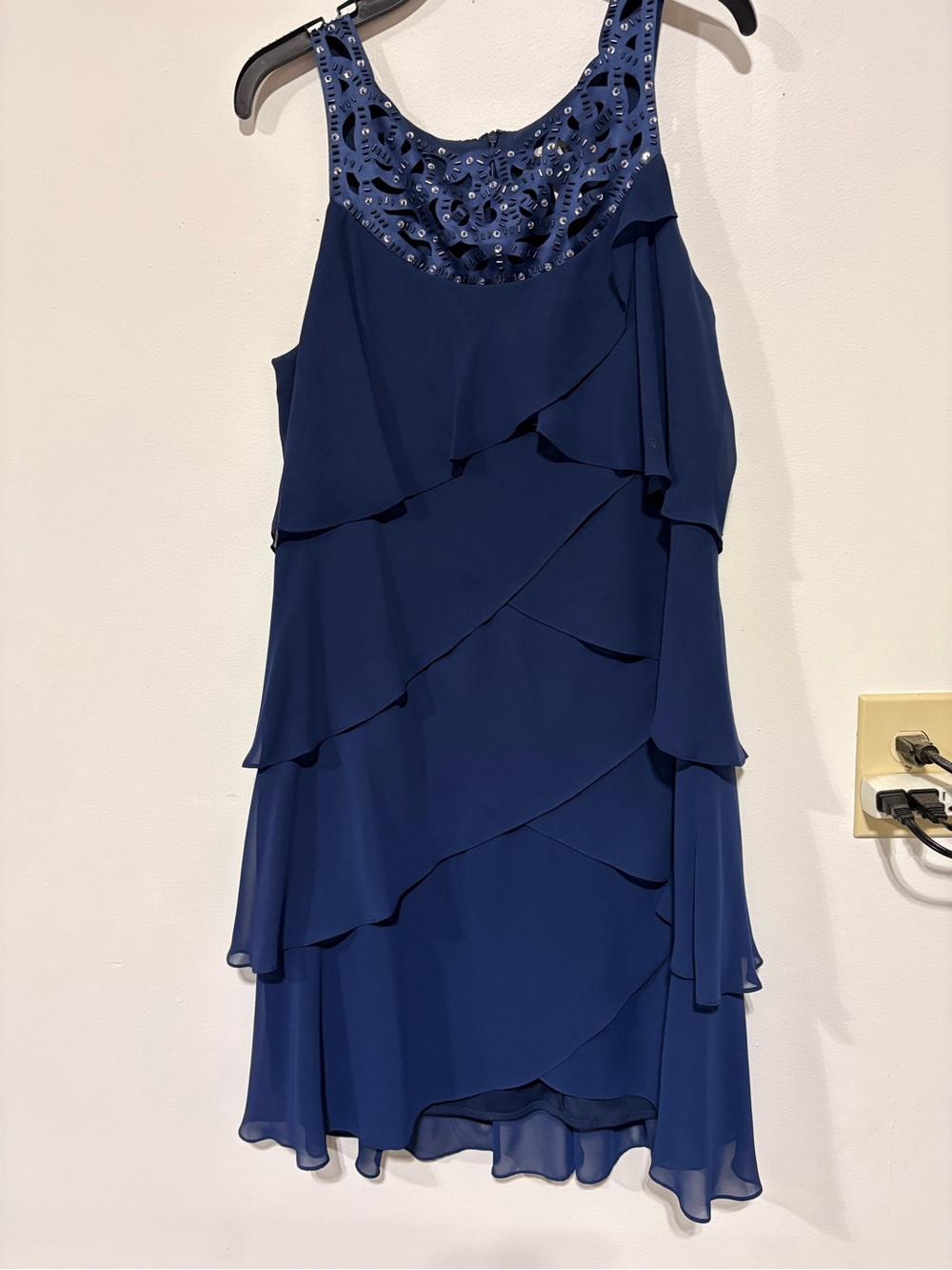 J R Nites by Carol Lin Navy Beaded Tiered Midi Dress